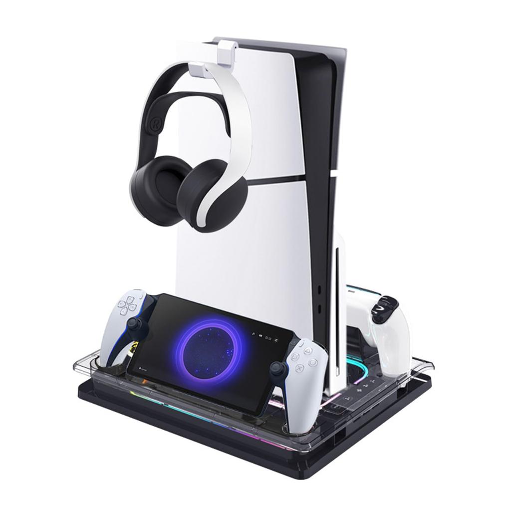 PS5-kompatibelt vertikalt ställ i PhyiFlbey PS5-kontrollladdningsställ med RGB-atmosfärljus och 3 vindhastigheter PS5 Portal 3 enheter samtidigt