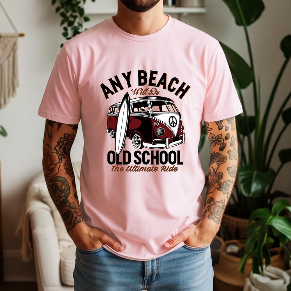 Vintage Old School Surf Bus Surfboard Print Unisexs T Shirt Loose Short Sleeve Crew Neck Beach Vacation Casual Tees