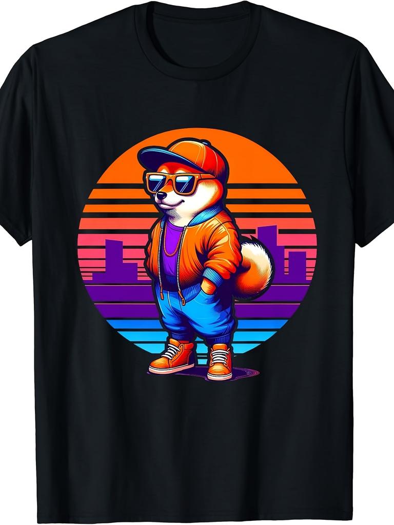 Men's Retro Vaporwave Shiba Inu T-Shirt - Cool Dog with Fashion Glasses & Orange Jacket Graphic, Streetwear Casual Round Neck Tee Suitable for - Wear,