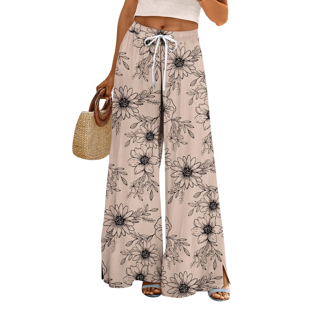 Damen Sommer Boho Palazzo Hose Hohe Taille Weites Bein Blumendruck Freizeithose Mit Taschen