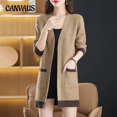 Outono e inverno feminino de comprimento médio com decote em V suéter casaco fino moda malha cardigan xale