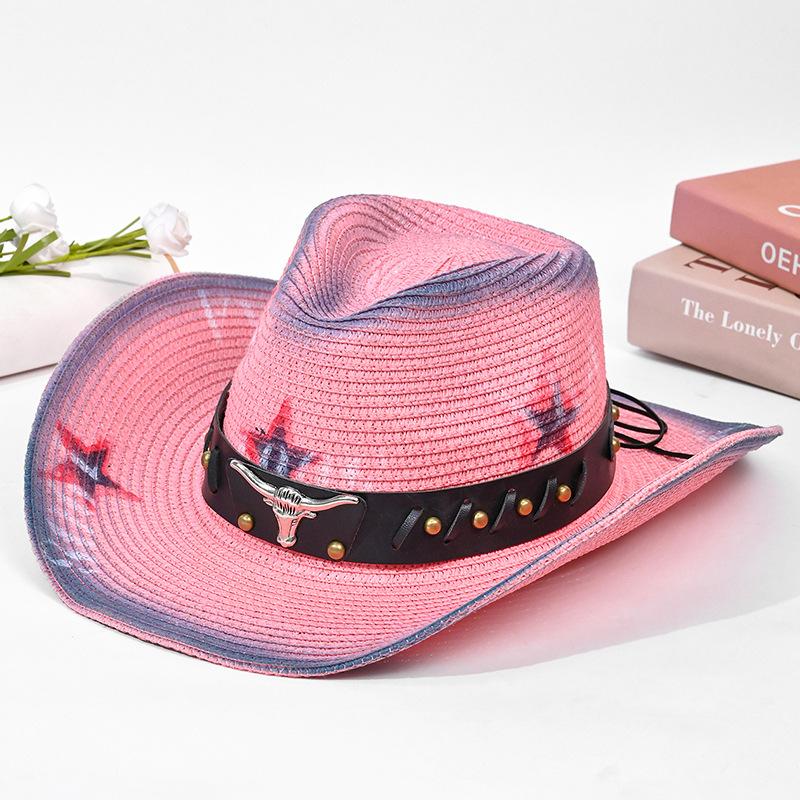 Hat Women's Summer Western Cowboy Straw Hat Ethnic Style Retro Sunscreen Sun Hat Solid Color Bullhead Label