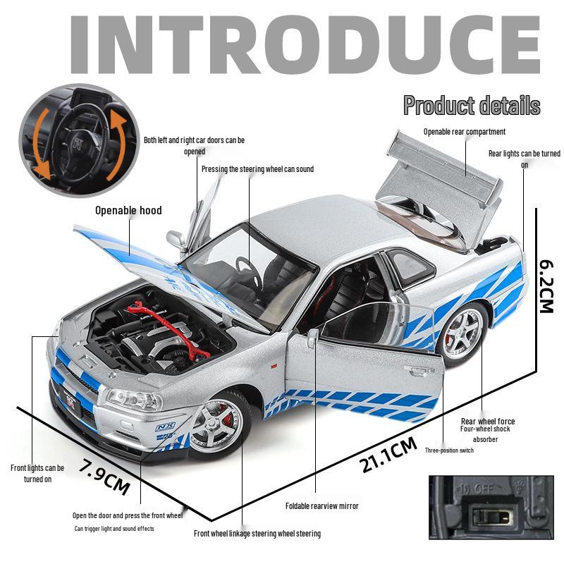 1:24 Alloy GTR R34 Model Car Toy with Sound, Light, Openable Doors, Four-Wheel Steering, and Pull-Back Action