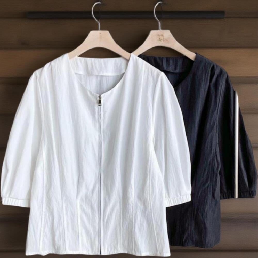 New Arrivals Open Run Women Nylon Puff Shoulder No Collar Short Sleeve Zip Blous
