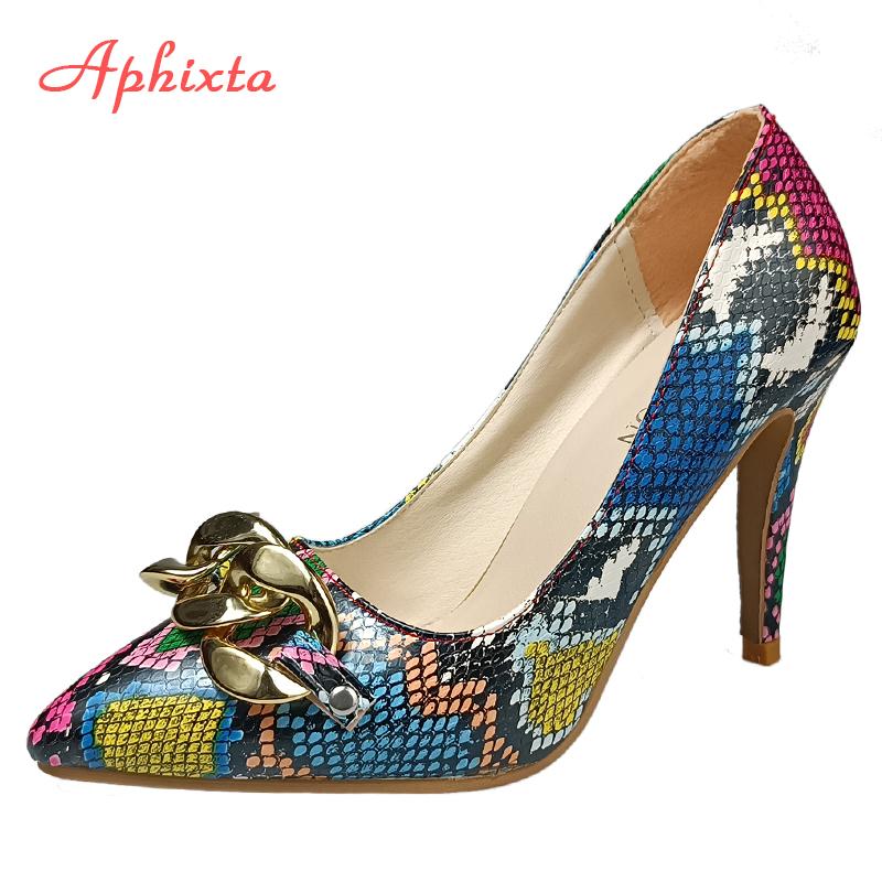 Aphixta 2025 Spring Gold Chain Pumps Women Shoes 10cm 3.94Inch Thin Heels Snak Prints Office Ins Style Shoes Super Plus Size 50