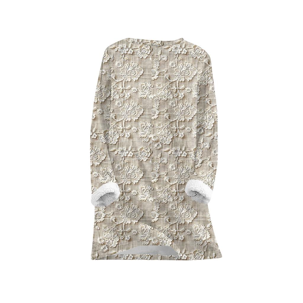 Women's Fashionable Printed Round Neck Long Sleeved Plush Warm Pullover Top