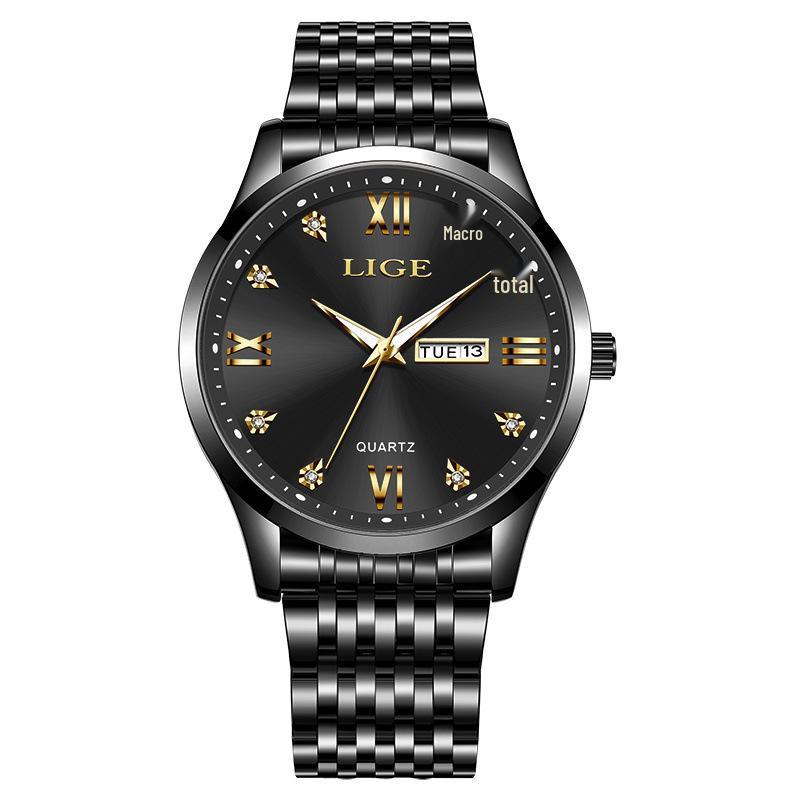 LIGE Men's Large Dial Quartz Watch - Waterproof Luminous with Double Calendar and Steel Strap