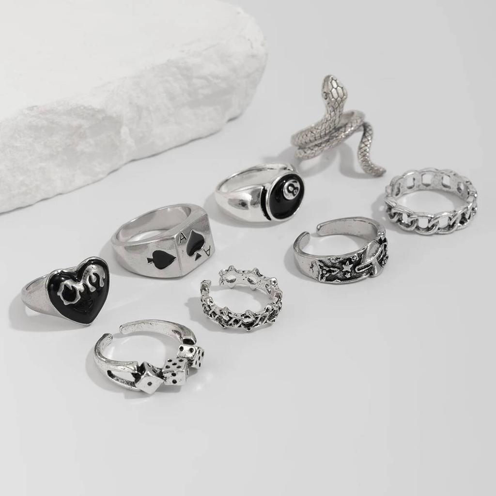 IngeSight.Z 8Pcs Vintage Punk Dice Love Heart Ring Women Gothic Creative Silver Color Metal Finger Rings Jewelry Halloween Gift