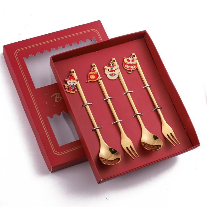 HANYANG Set de tacâmuri cu lingură cadou de Anul Nou Linguriță de cafea Furculiță cu fructe Set lingură mică