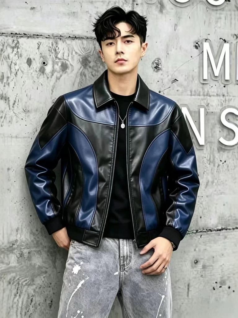 Men's Leather Jacket Splicing Contrasting Jacket Motorcycle Suit Racing Suit Men's Jacket Pu Jacket Machine