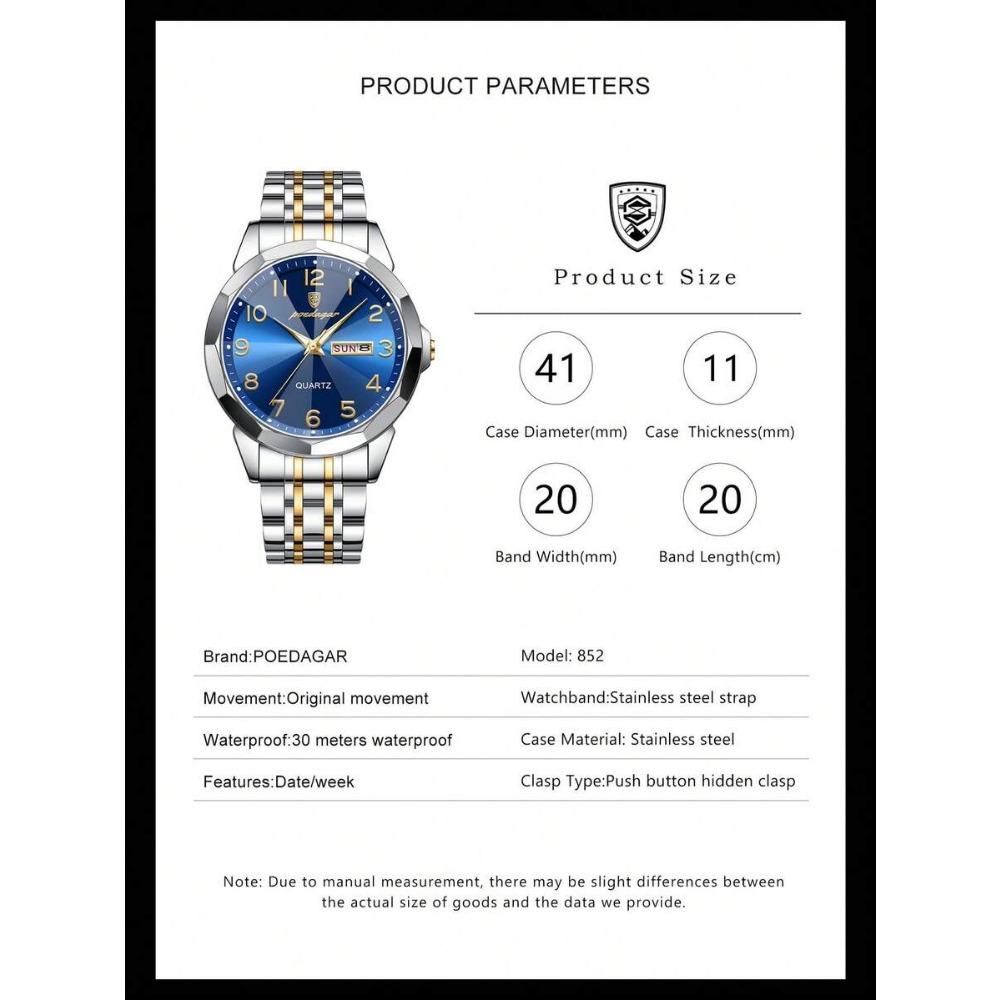 POEDAGAR 1pc Business Men's Stainless Steel Quartz Waterproof Luminous Watches, Dual Calendar Display, Men Gift