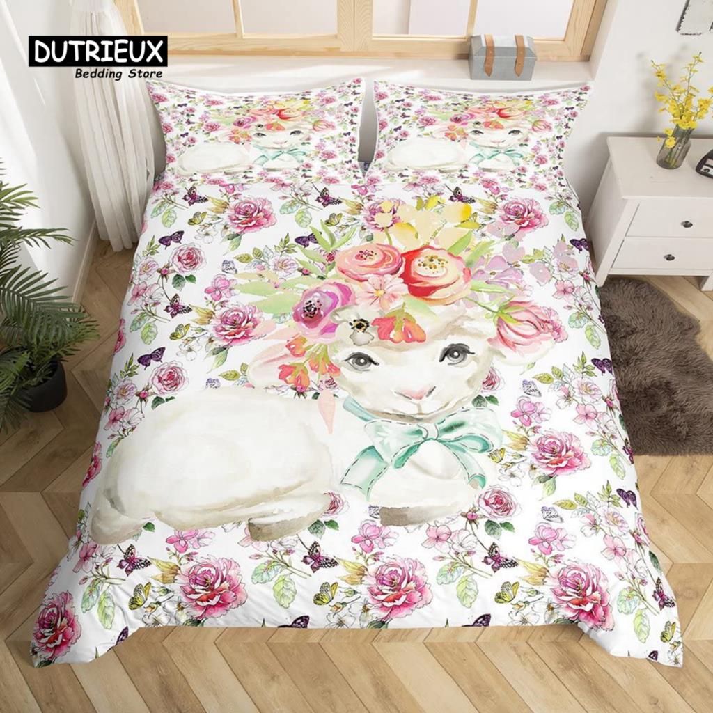 Cartoon Sheep Farm Animals Duvet Cover Set, Butterfly Princess Bedding Set, Soft Comfortable Breathable Duvet Cover