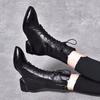 Pointed Leather Boots Women's Medium Boots 2025 Autumn and Winter New Black Embossed Cowhide Thick Heel Lace-up Fashion Boots High Heels Boots