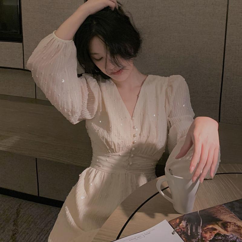 Vintage French Puff Sleeve Midi Dresses for Women Party Korean Sequins Dress Elegant Fairy Wedding Female Clothes Autumn 2024