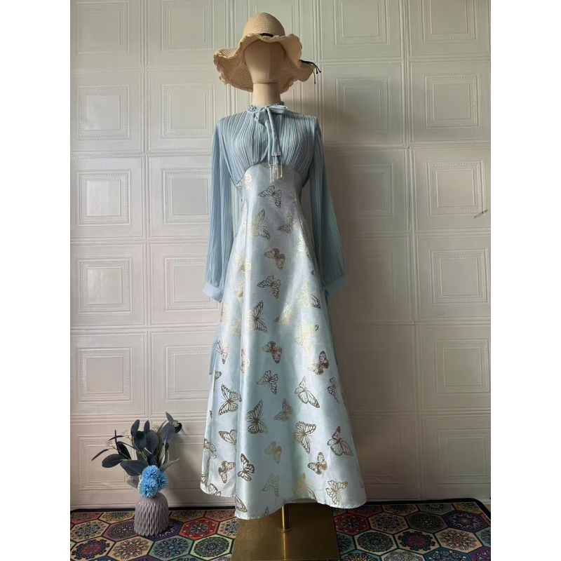 

Мода Новое поступление Мода Элегантность Платье с принтом бабочек с длинными рукавами Платье с длинными рукавами на шнуровке Light Blue 2XL