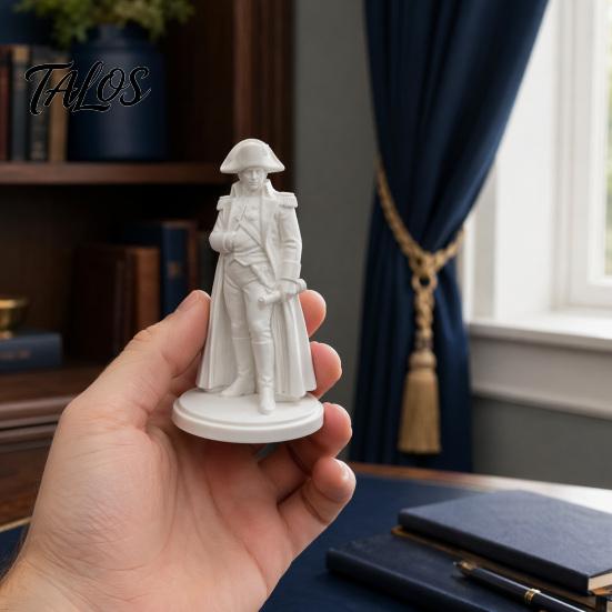 Talos 3D Geprinte Napoleon Standbeeld met Militaire Jas, Tulband & Perkamentrol, Vintage Historisch Bureau Decor Figuurtje, Mat Witte Sculptuur voor Boekenkast