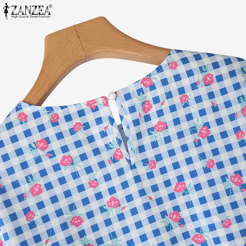 ZANZEA Women Floral Print Casual Round Neck 3/4 Sleeve Loose Plaid Blouse