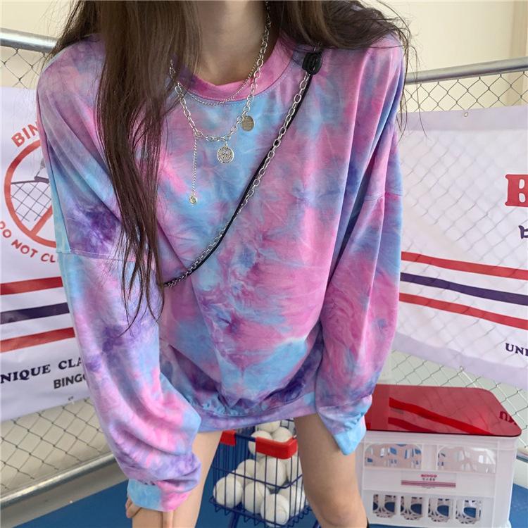 Women Casual Loose Tie Dye Mid Length Crew Neck Long Sleeve Sweatshirt Coat