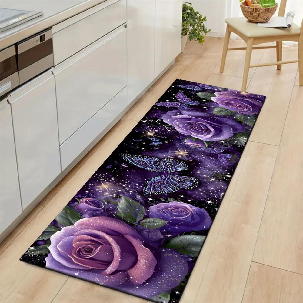 1Pcs Purple Roses Butterflies Non-Slip Washable Area Rug Runner for Entryway, Living Room, Bedroom & Patio