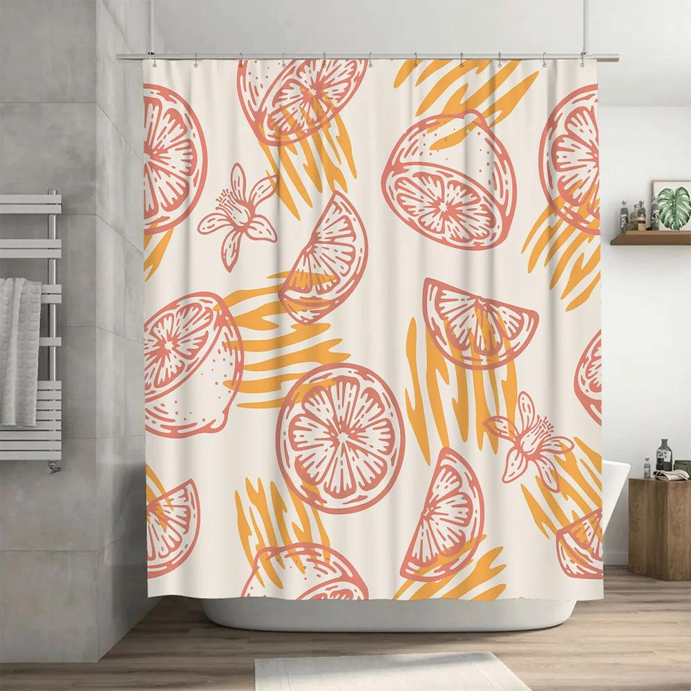 Modern Orange Shower Curtain with Floral Design for Bathroom Decor White Background with Yellow Accents – Waterproof Fabric