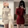 Off-Shoulder Knitted Bodycon Dress - Long Sleeve, Autumn/Winter Style, Waist-Cinching Short Skirt