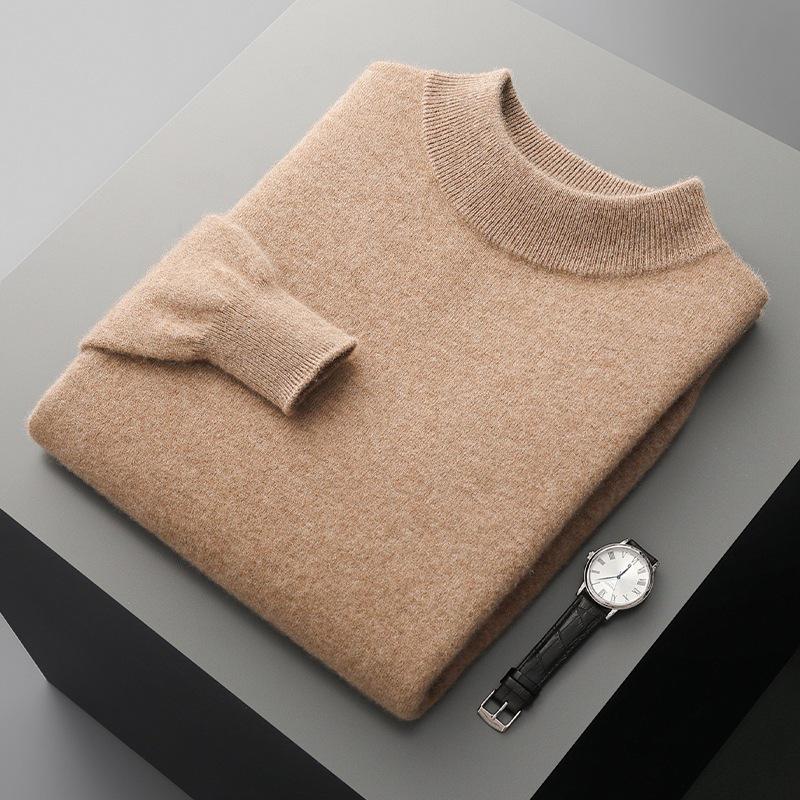 Men's Half-High Collar Wool Sweater - Thin, Warm Knitwear for Autumn/Winter