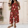 Women Plus Size V Neck Sleeveless Christmas Printed Red Wide Leg Pants Set With Pockets