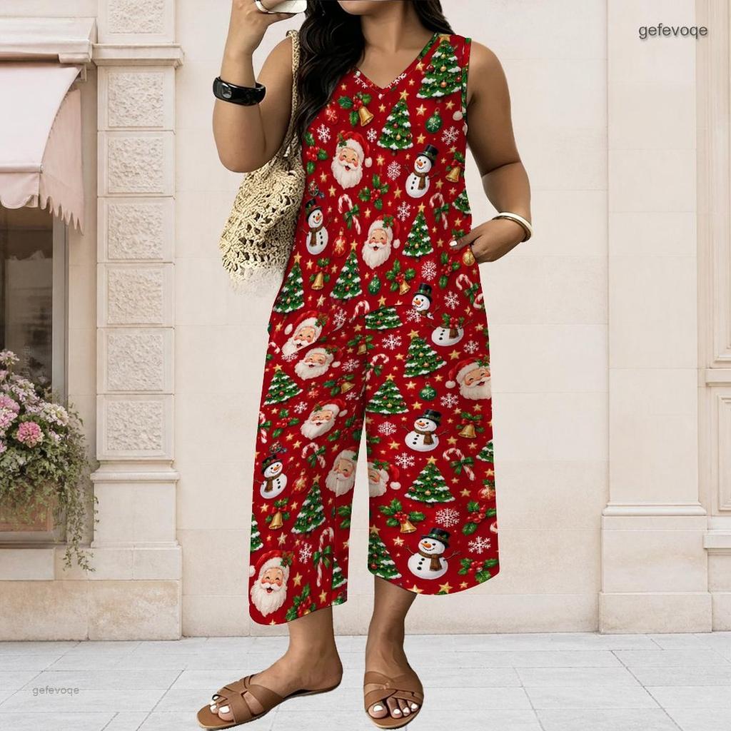 Women Plus Size V Neck Sleeveless Christmas Printed Red Wide Leg Pants Set With Pockets