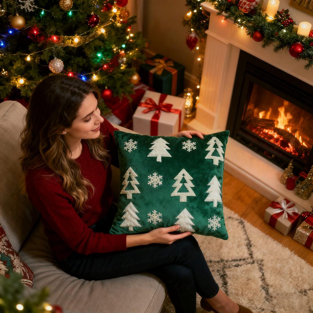 Christmas Green Pillowcase 17.71 X 17.71Inches Christmas Tree With Snowflakes Throw Pillowcase