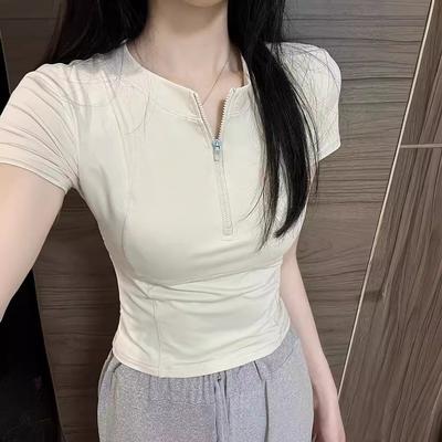 Sports Summer Fitness Tops Elastic Half Zipper Slimming Sports T-shirt Running Yoga Wear Short Sleeves