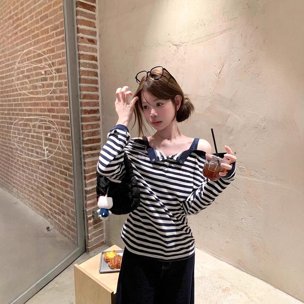 Lazy Wind Striped Semi-open Neck Off-shoulder Long-sleeved T-shirt Women's Autumn New Versatile Loose and Thin Top