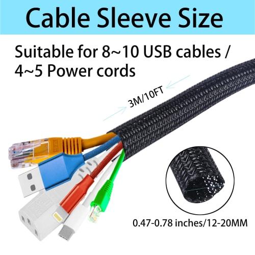 Josnown Cable Cover, Keep Your Cables Organized, Hide Untidy Wires, Braided Wire Jacket 3m Length, Expandable Diameter, Holds 3-5 Wires, Black