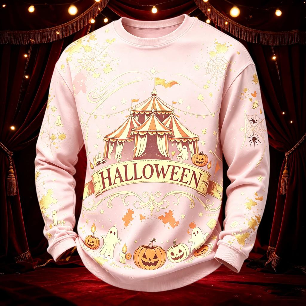 Men's Casual Round Neck Long Sleeve Top with Halloween Print