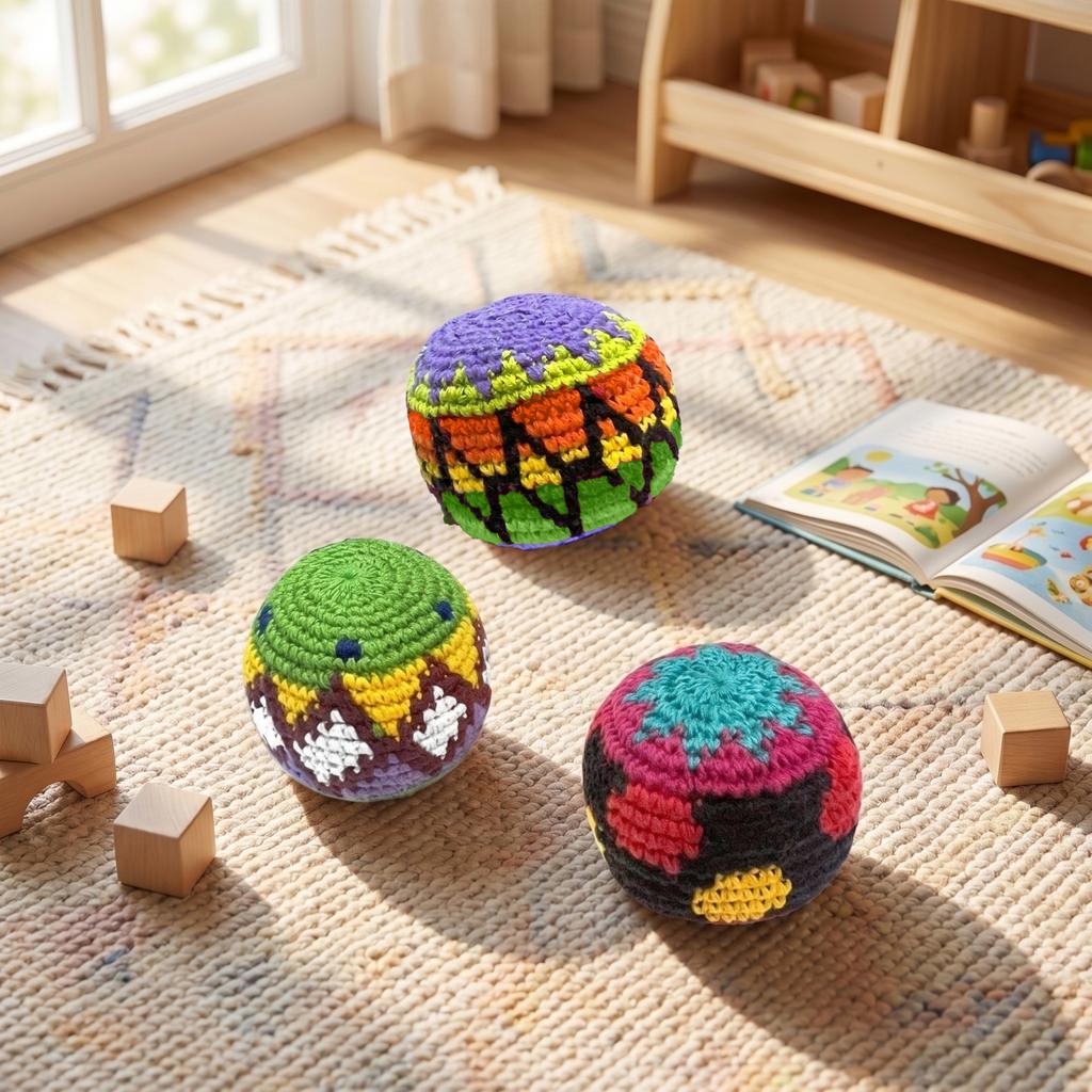 3 Pack Kids Handmade Knitted Hacky Sack Footbags Soft Cotton Thread Bean Bags for Tossing Juggling and Coordination Games