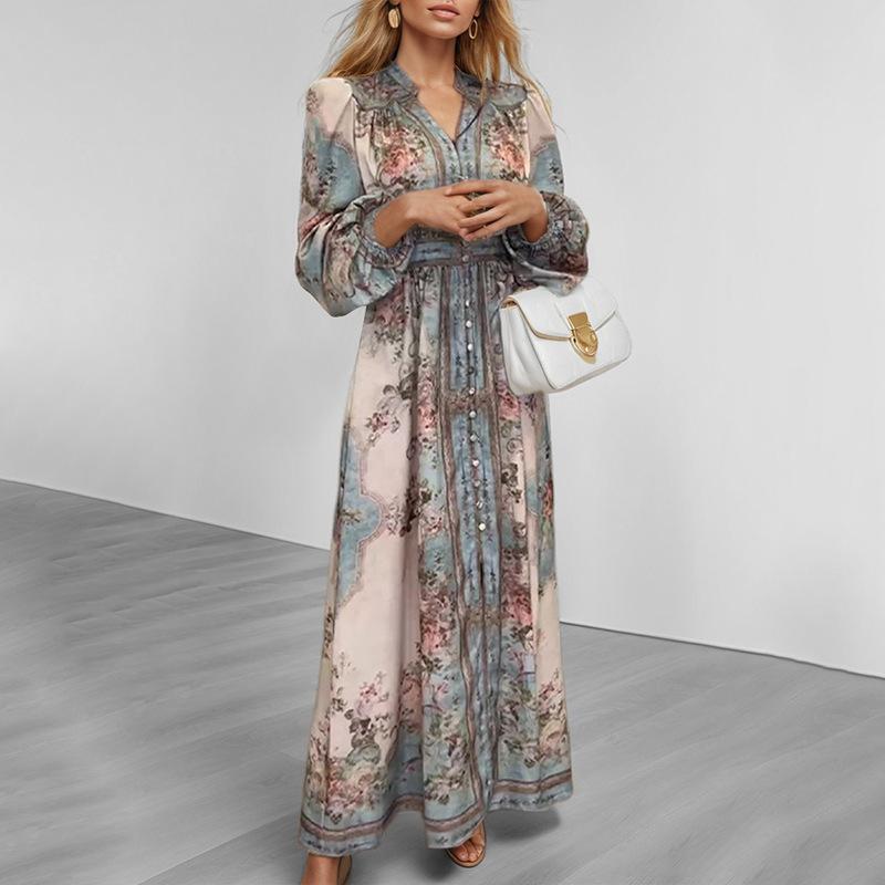 Spring new women's clothing European and American, retro court V-neck long-sleeved printed pendulum dress