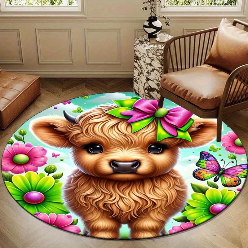 Vibrant Calf Print Round Area Rug - Soft Polyester Non-Slip Mat with Adorable Highland Cow Design, Colorful Flowers & Butterflies, Perfect F