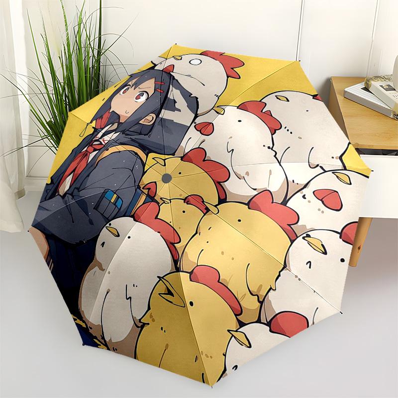 

1pc Outdoor Umbrella with Cute Chicken and Anime Girl Print - Automatic Opening/Closing, Portable 3-Fold Design, 8-Rib Iron Frame - Perfect Gift