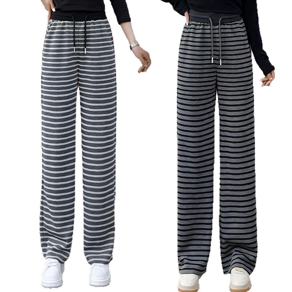 Women's Striped Elastic Waist Wide-Leg Knitted Pants, Slim-Fit Casual, Spring/Autumn 2025.