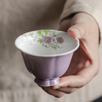 Purple Hand Painted Tea Cup Scalloped Rim Ceramic Gongfu Tea Set Master Cup Vintage Luxury Porcelain Drinking Cup Home Gift