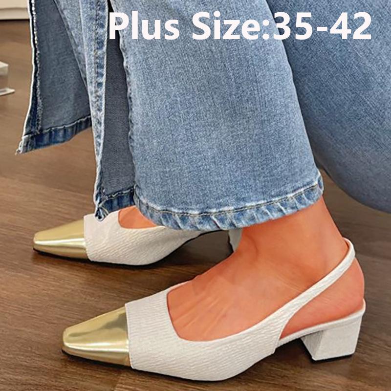 

Fashion square head rear empty single shoes spring and summer middle heel thick heel bag head sandals color matching women s shoes large size 35 абрикосовий