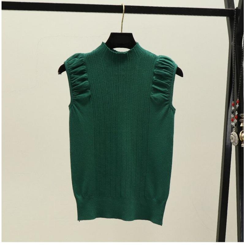 Летний новый простой однотонный полуводолазка плиссированный свитер женский жилет без рукавов топ One size