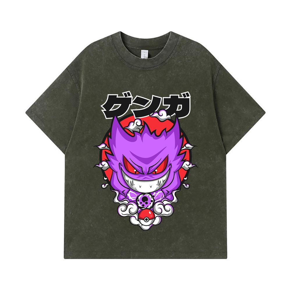 275 GSM Washed T-shirts 100% Cotton Pokemon V10 Gengar Print Unisex Heavy Cotton T Shirt S