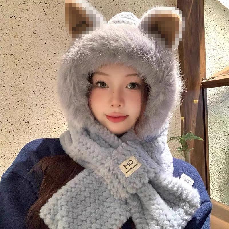 Plush hat scarf integrated women's autumn and winter cute warm ear protection scarf versatile fox ear hat