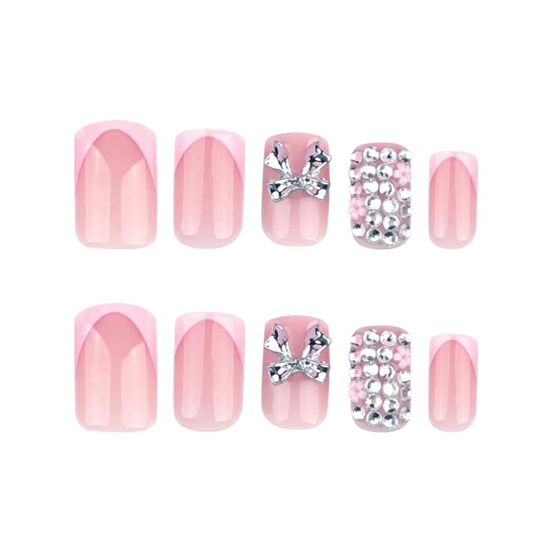 24 Stück Kurze Press-on-Nägel Künstliche Nägel Mit 3D-Schleifen-Charms Designs Acryl Französische Aufklebe-Nägel Maniküre Nagelkunst