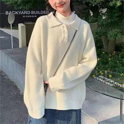 Pull tricoté à col polo à revers simple boutonnage et manches longues pour femme - Pull décontracté simple au design épuré pour le printemps pour femme