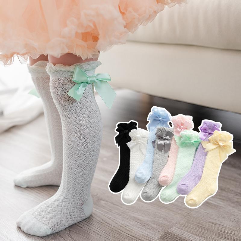 Newborn Baby Girls Socks for Kids Toddlers Girls Big Bow Knot Knee High Long Soft Cotton Summer Children Mesh Socks