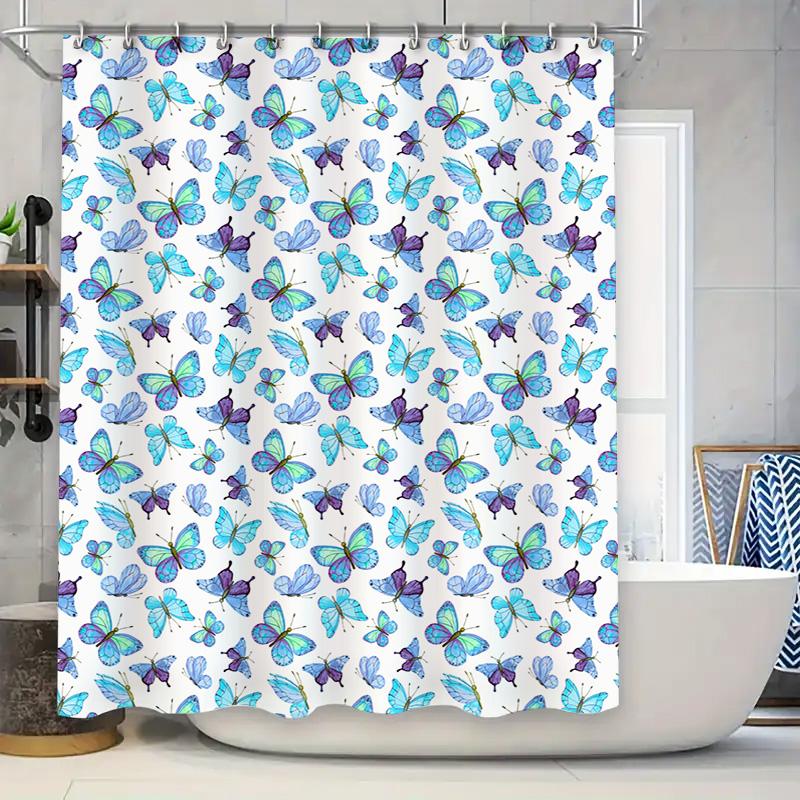 

Watercolor Blue Butterflies Shower Curtain For Bathroom Decor White Fabric Shower Curtains With Rings For Bathtub Or Showers In W60H190(CM)-1 Pcs