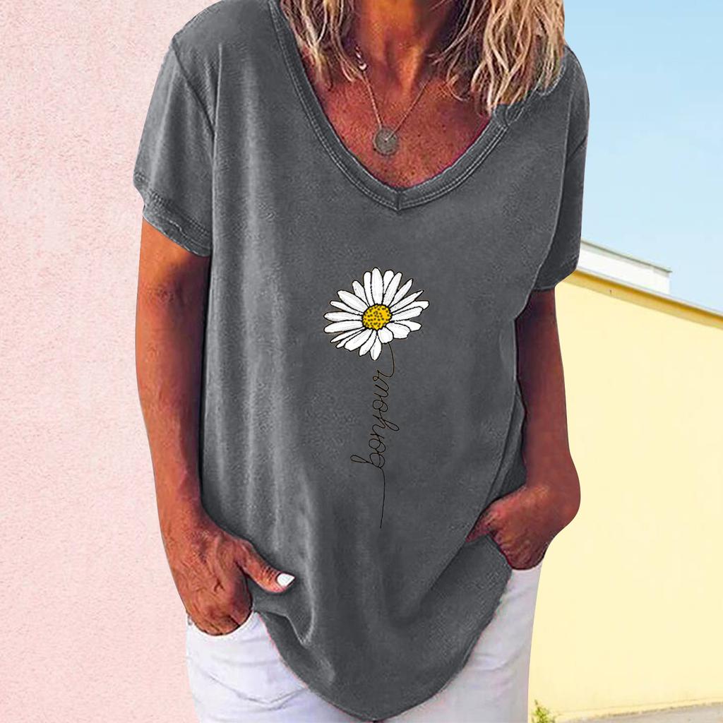 Women V-neck Casual Short-sleeved Small Print Loose Pullover T-shirt Tops