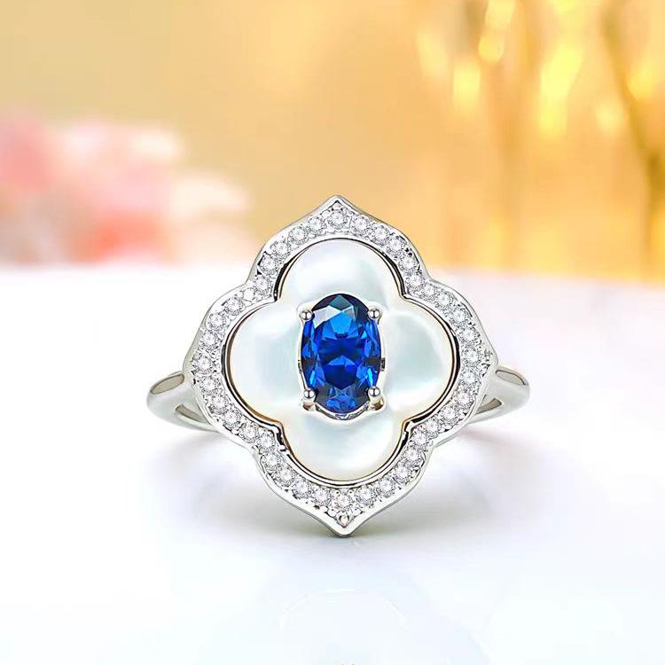 Light Luxury Design Four-Leaf Clover Fritillary Pendant Necklace High Carbon Diamond Ring Blue Spinel Stud Earrings Temperament Colorful Treasure Set
