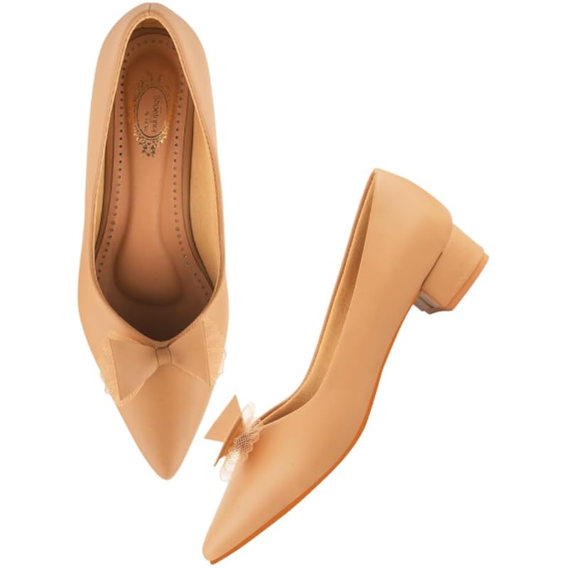 Shoetopia Pointed Toe Bow Detailed Tan Bellies For Women & Girls Eu38